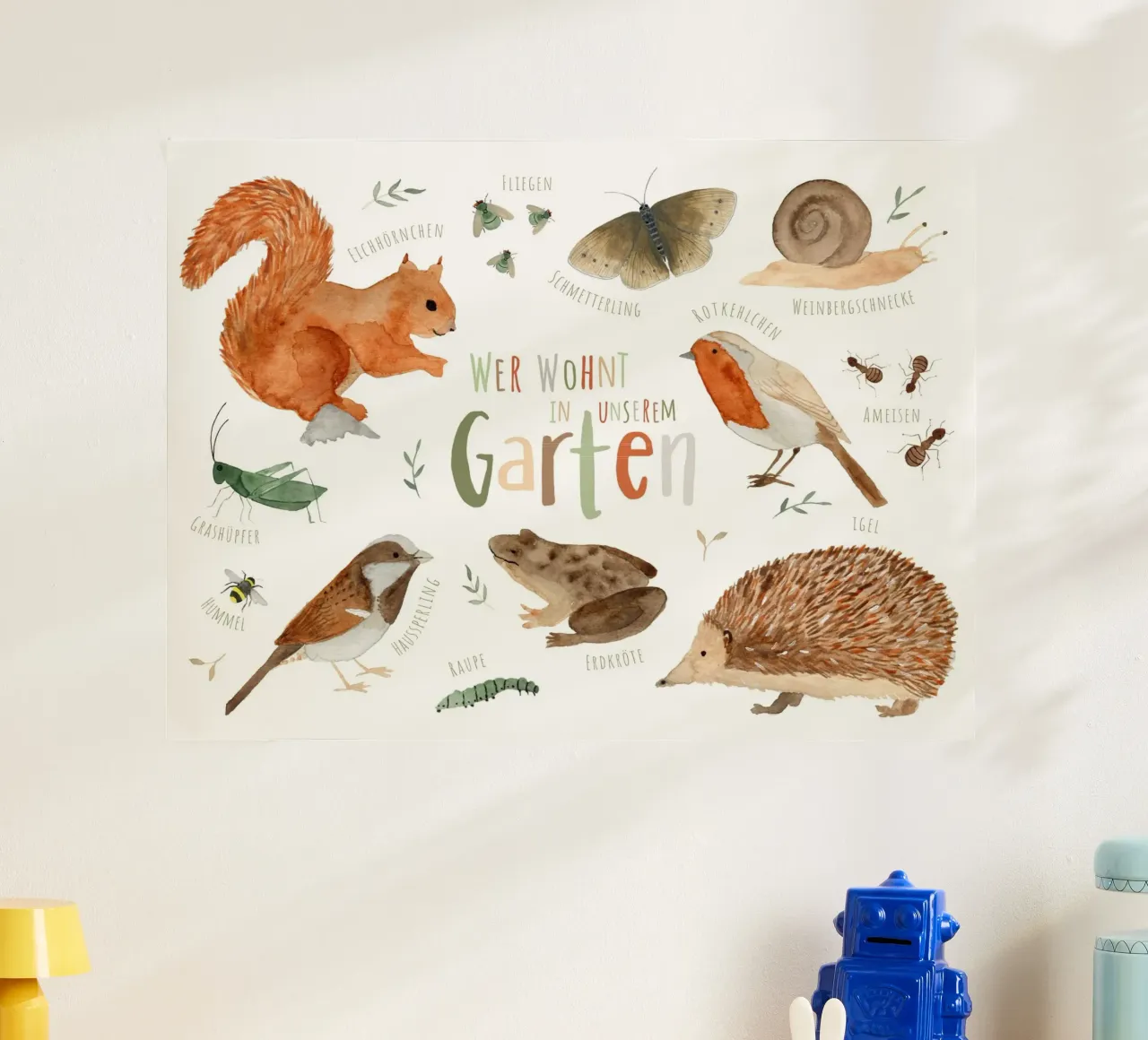 Chi vive nel nostro giardino - Animali da giardino poster con telaio in plastica da herzundpapier
