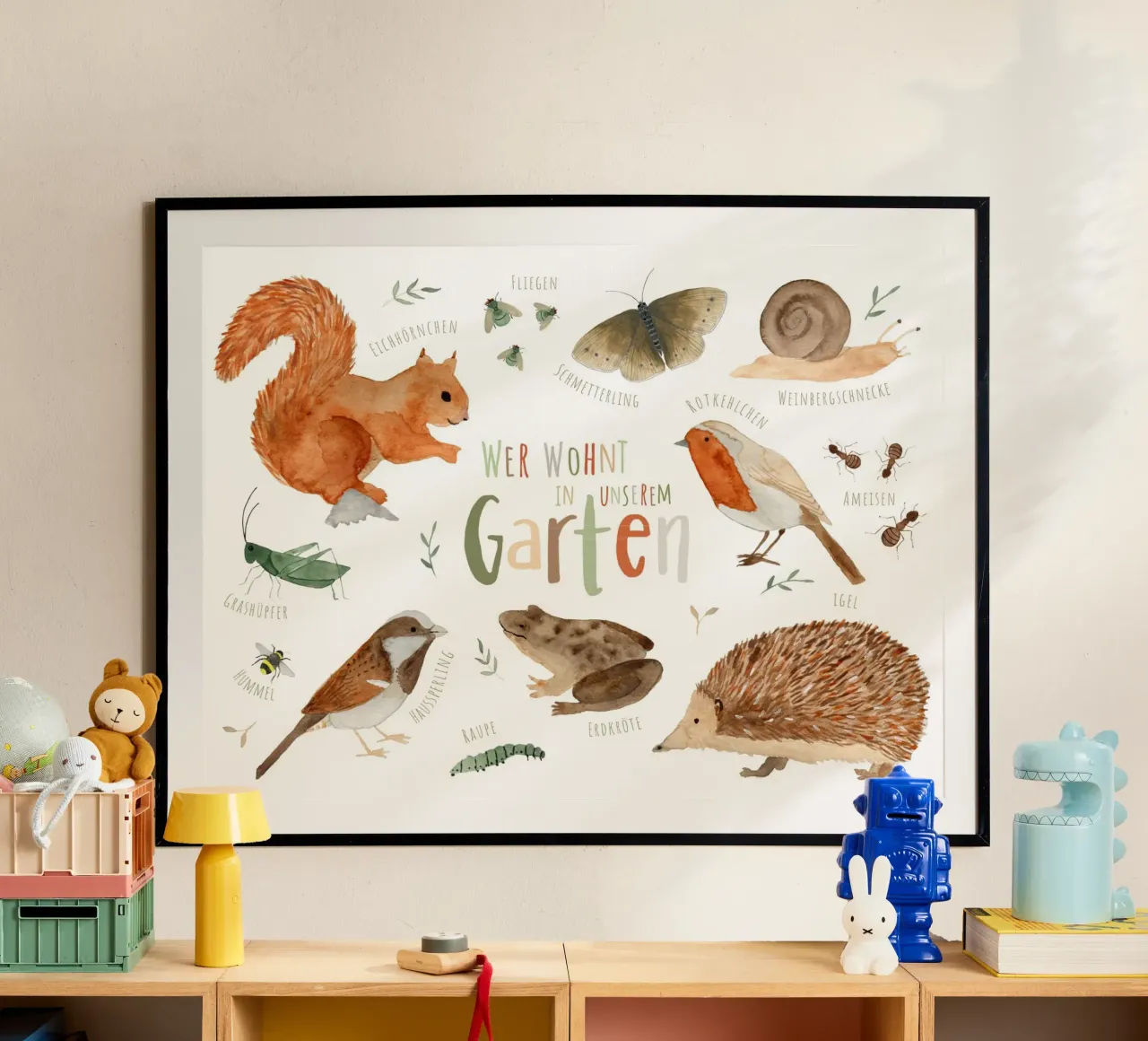 Chi vive nel nostro giardino - Animali da giardino poster con telaio in plastica da herzundpapier