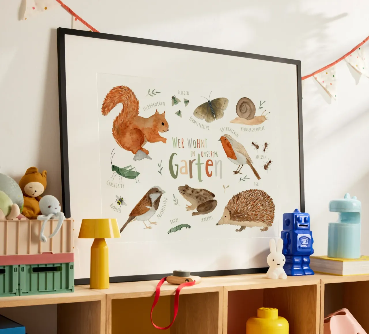 Chi vive nel nostro giardino - Animali da giardino poster con telaio in plastica da herzundpapier
