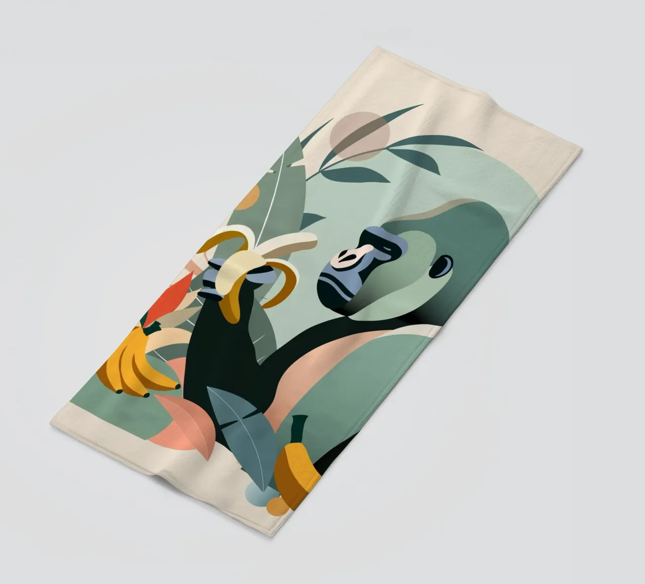 Gorilla orgoglioso con banana in un ambiente tropicale telo mare da namosh