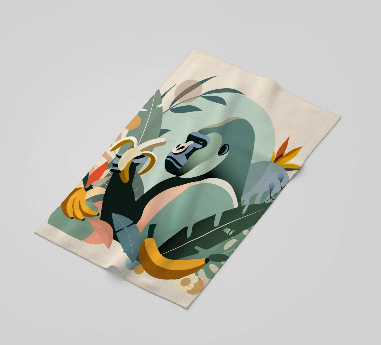 Gorilla orgoglioso con banana in un ambiente tropicale telo mare da namosh