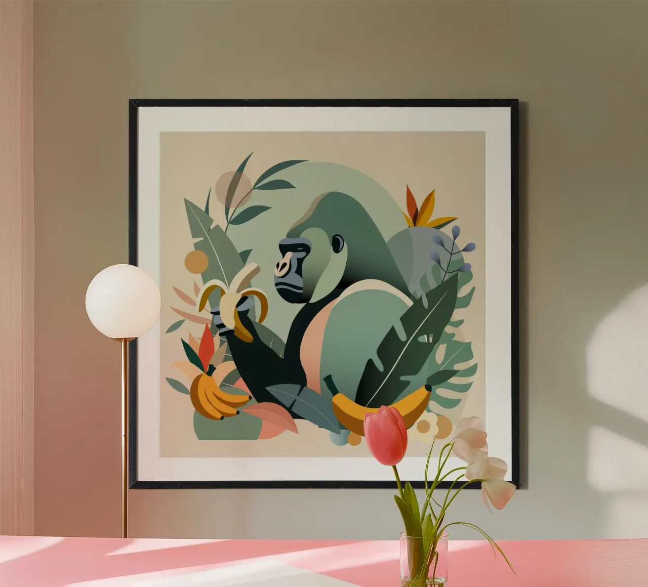 Gorilla orgoglioso con banana in un ambiente tropicale poster da namosh