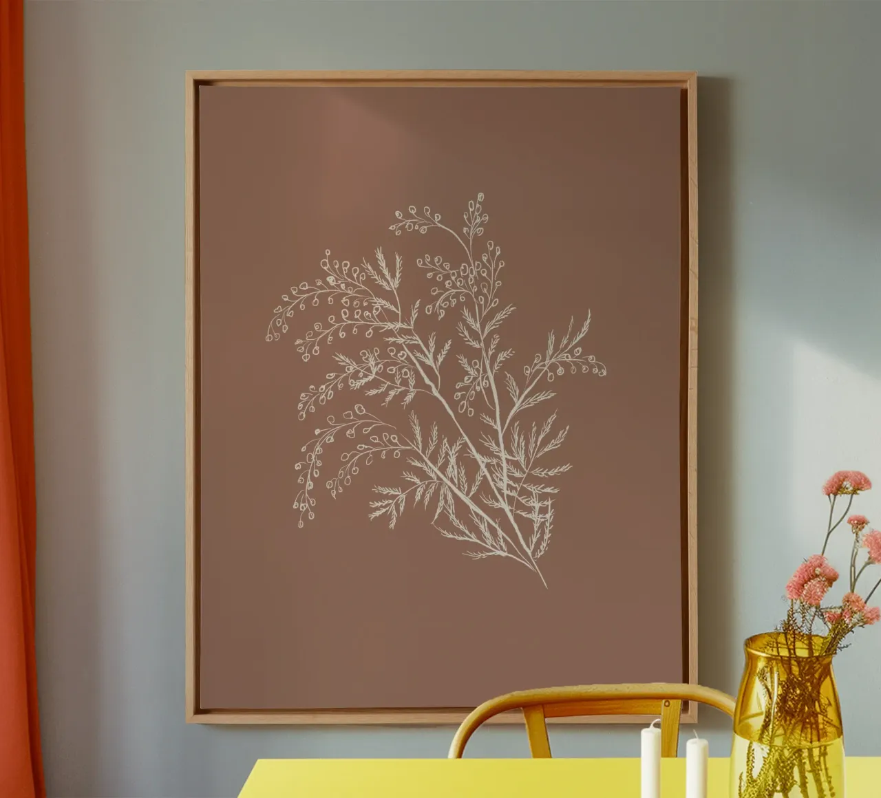 Acacia Branch Mocha Mousse Leinwand mit Schattenfugenrahmen von anisillustration