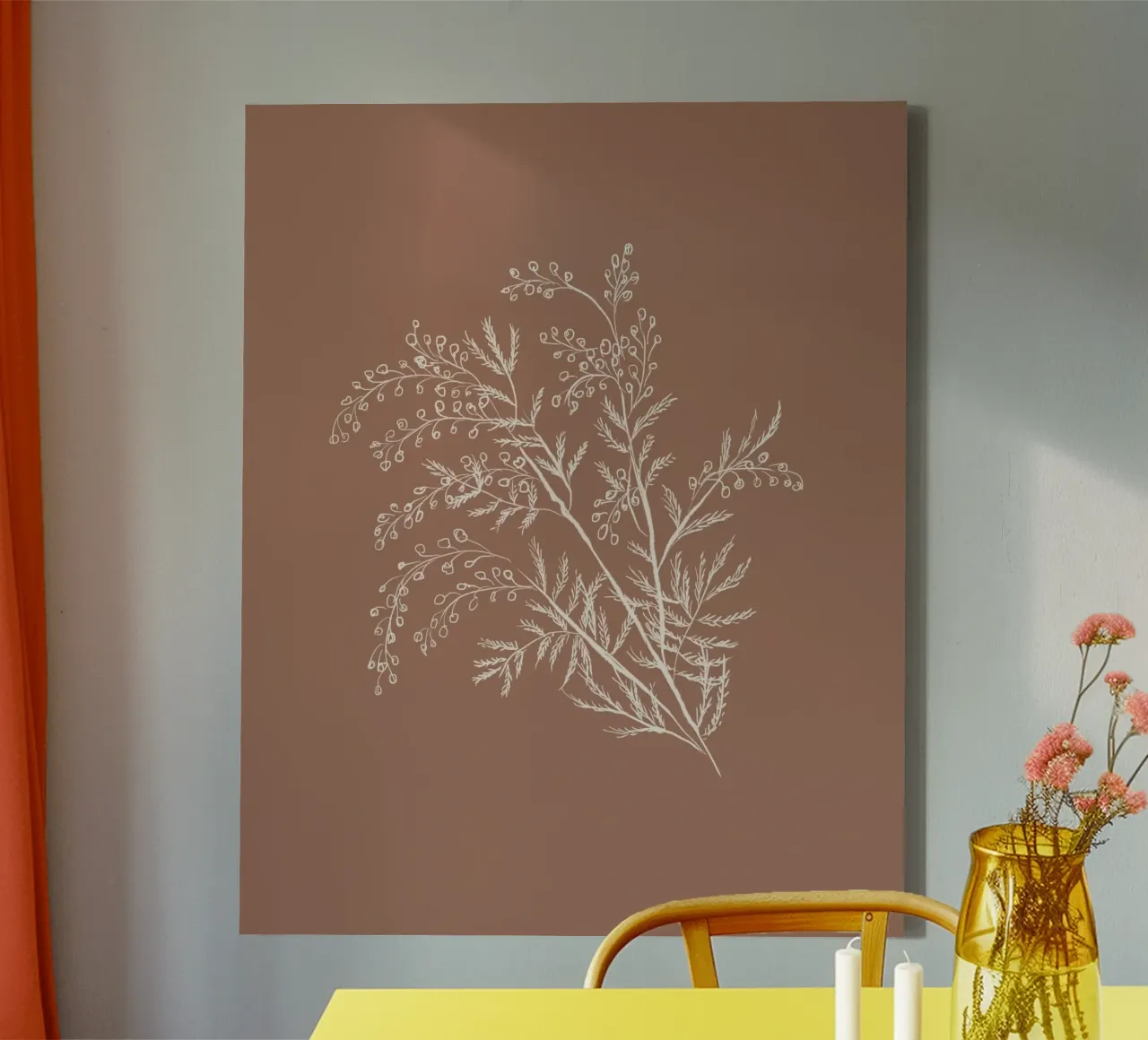 Acacia Branch Mocha Mousse Leinwand mit Schattenfugenrahmen von anisillustration