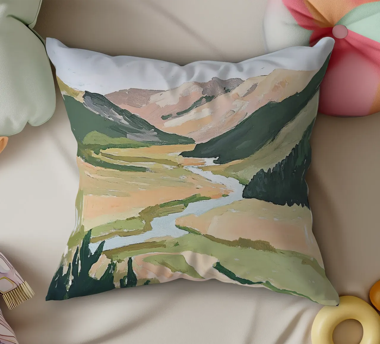Landscape Green Pastel Fauvism Mountains Nature decorative cushion by Euphoria Theresa