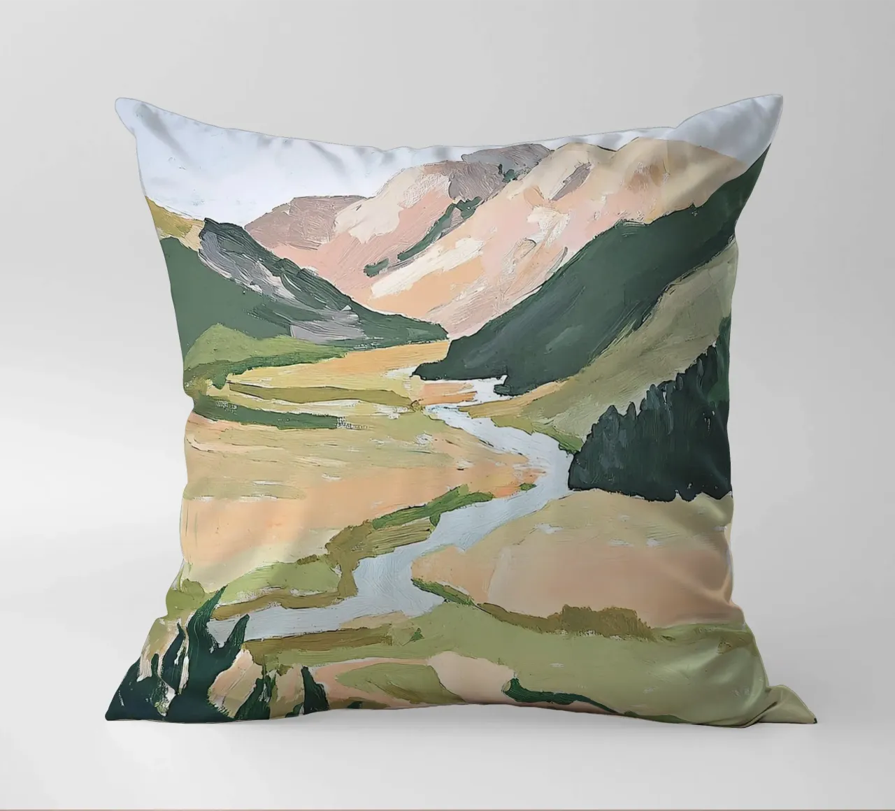 Landscape Green Pastel Fauvism Mountains Nature decorative cushion by Euphoria Theresa
