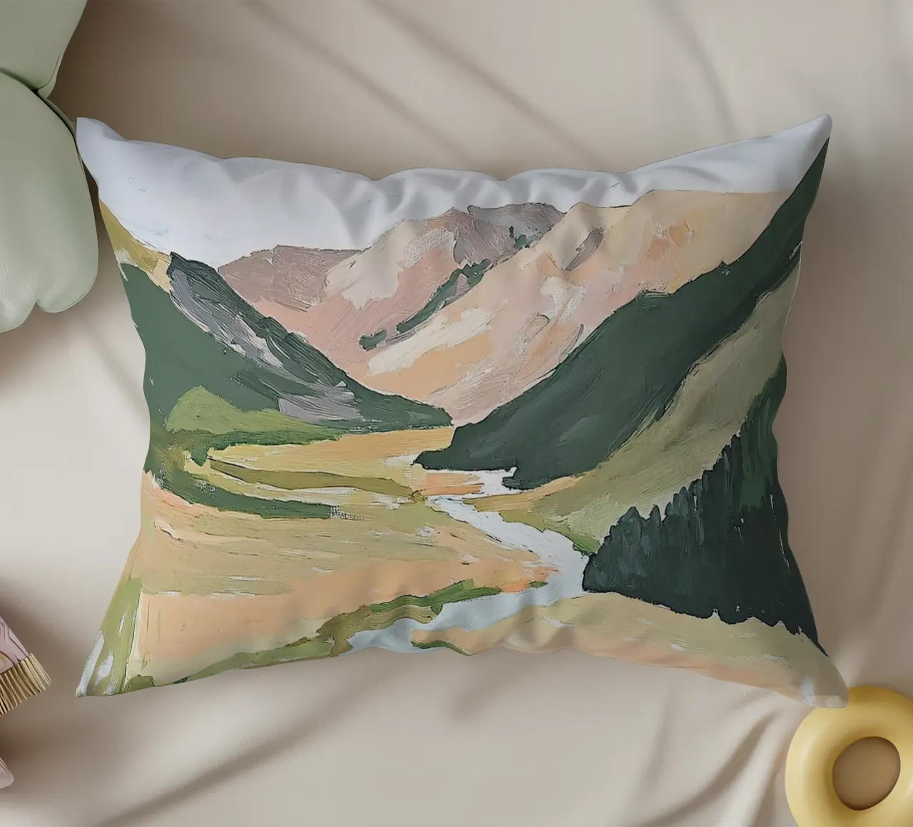 Landscape Green Pastel Fauvism Mountains Nature decorative cushion by Euphoria Theresa