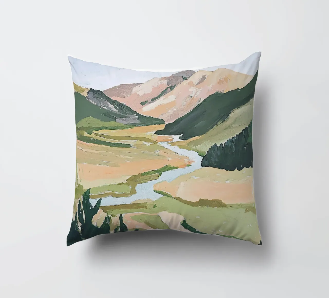 Landscape Green Pastel Fauvism Mountains Nature decorative cushion by Euphoria Theresa