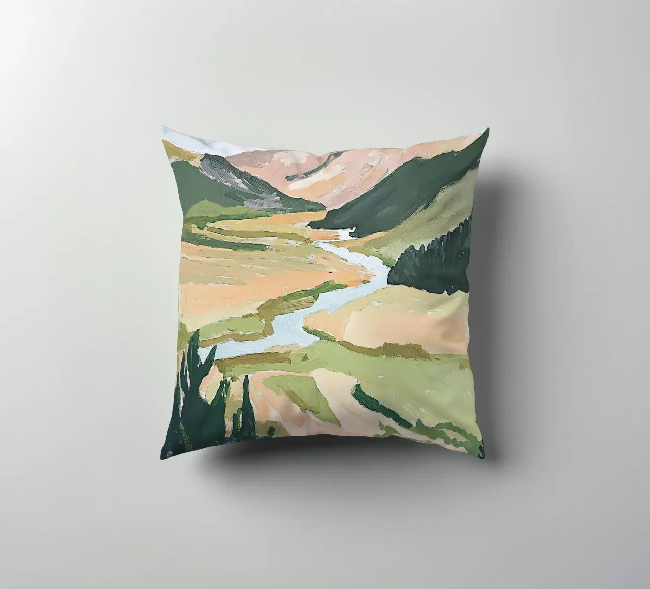 Landscape Green Pastel Fauvism Mountains Nature decorative cushion by Euphoria Theresa