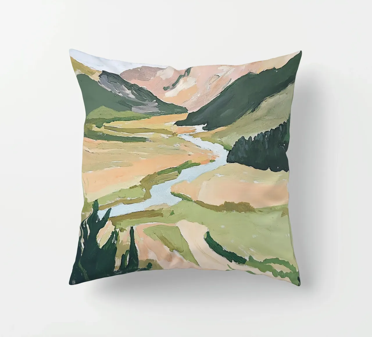 Landscape Green Pastel Fauvism Mountains Nature decorative cushion by Euphoria Theresa