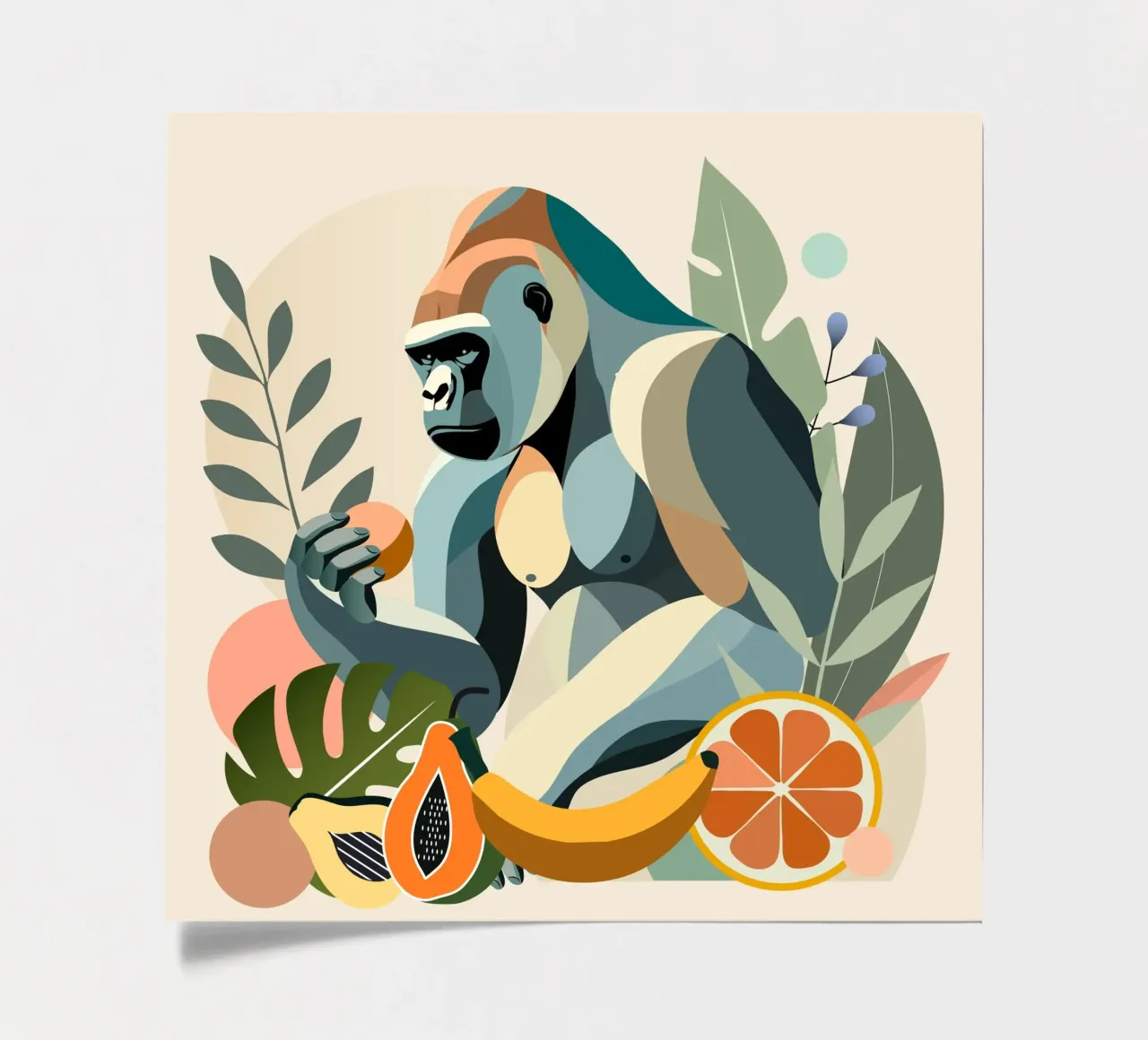 Gorilla con frutta in un paesaggio tropicale foglio adesivo da namosh