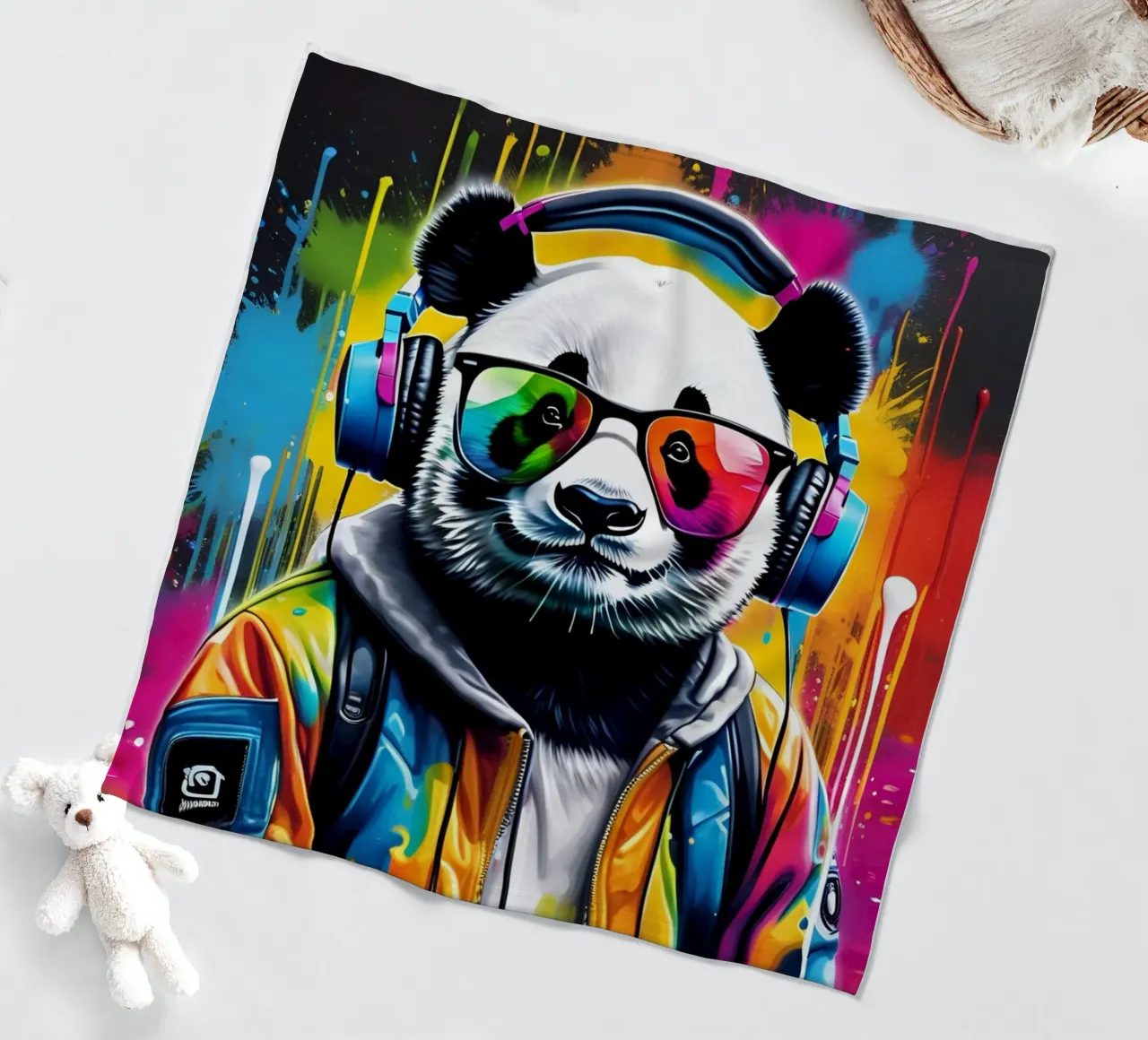 Panda listens to music, graffiti fleece blanket by MakArena