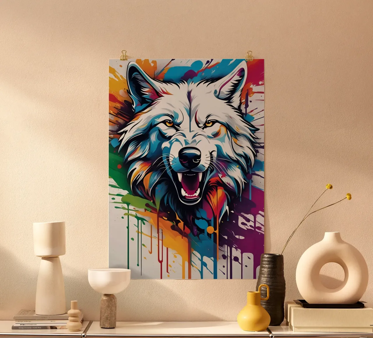 Lupo bianco, graffiti poster con telaio in legno da MakArena
