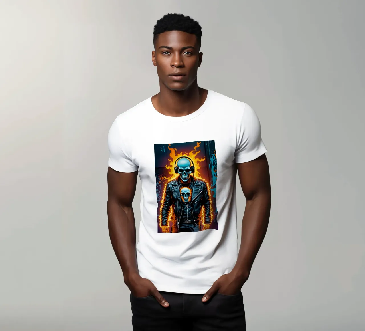 Scheletro motociclista in fiamme con le cuffie t-shirt da MakArena