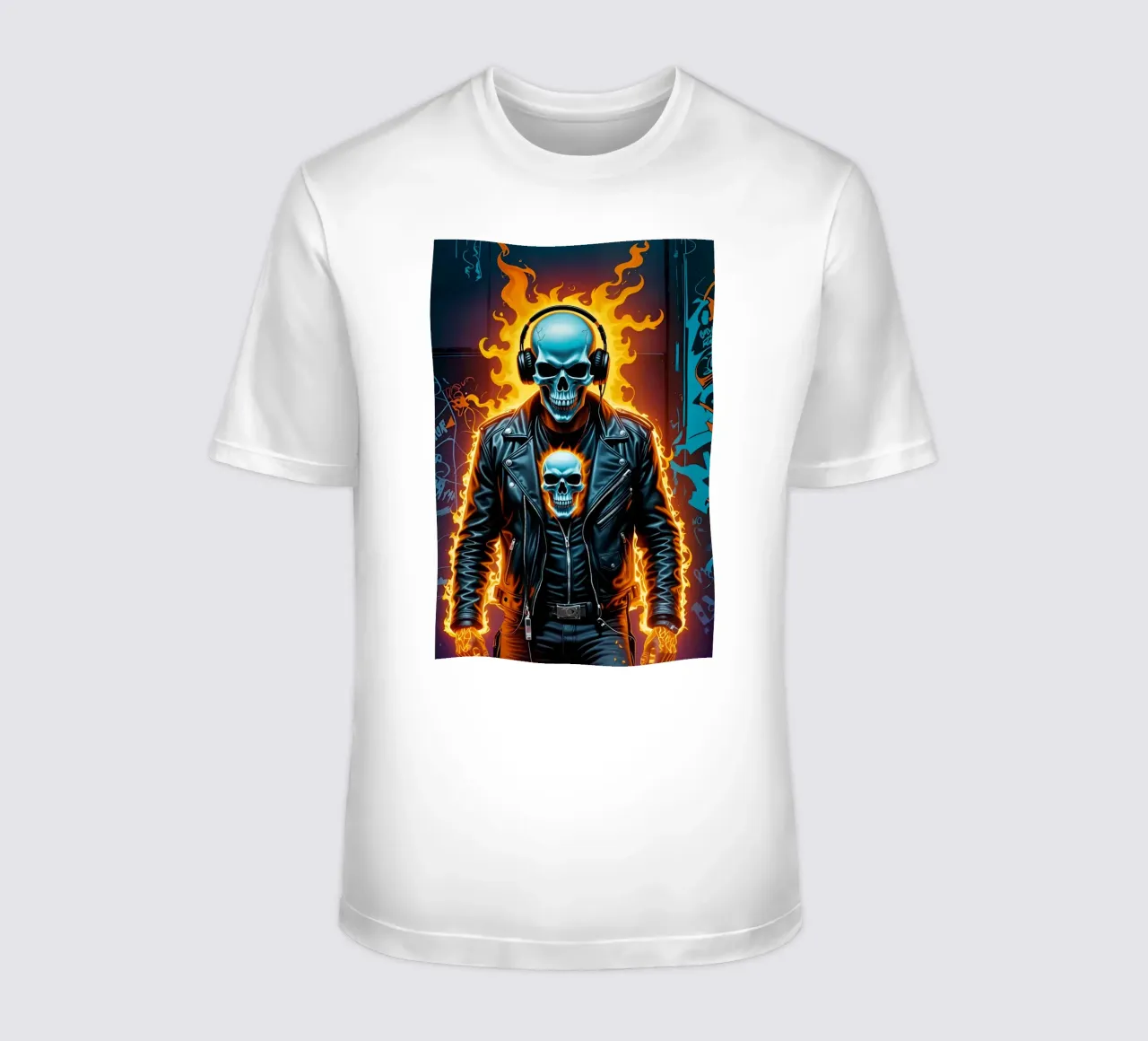 Scheletro motociclista in fiamme con le cuffie t-shirt da MakArena
