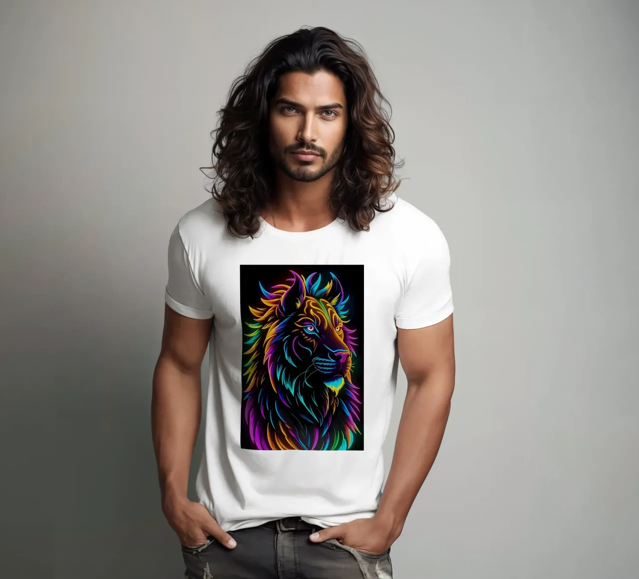 Lion colored neon art t-shirt by MakArena