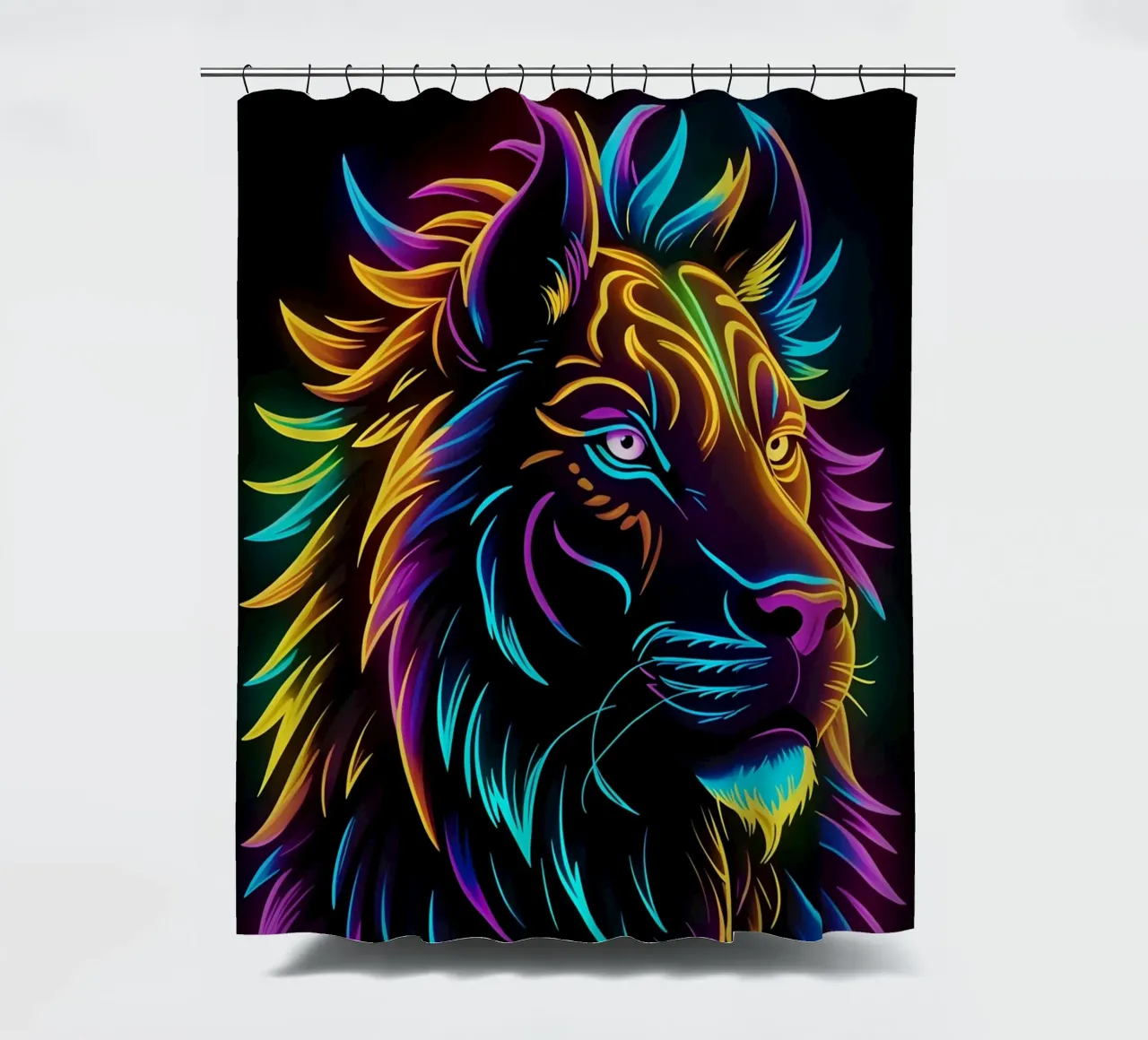 Lion colored neon art shower curtain by MakArena