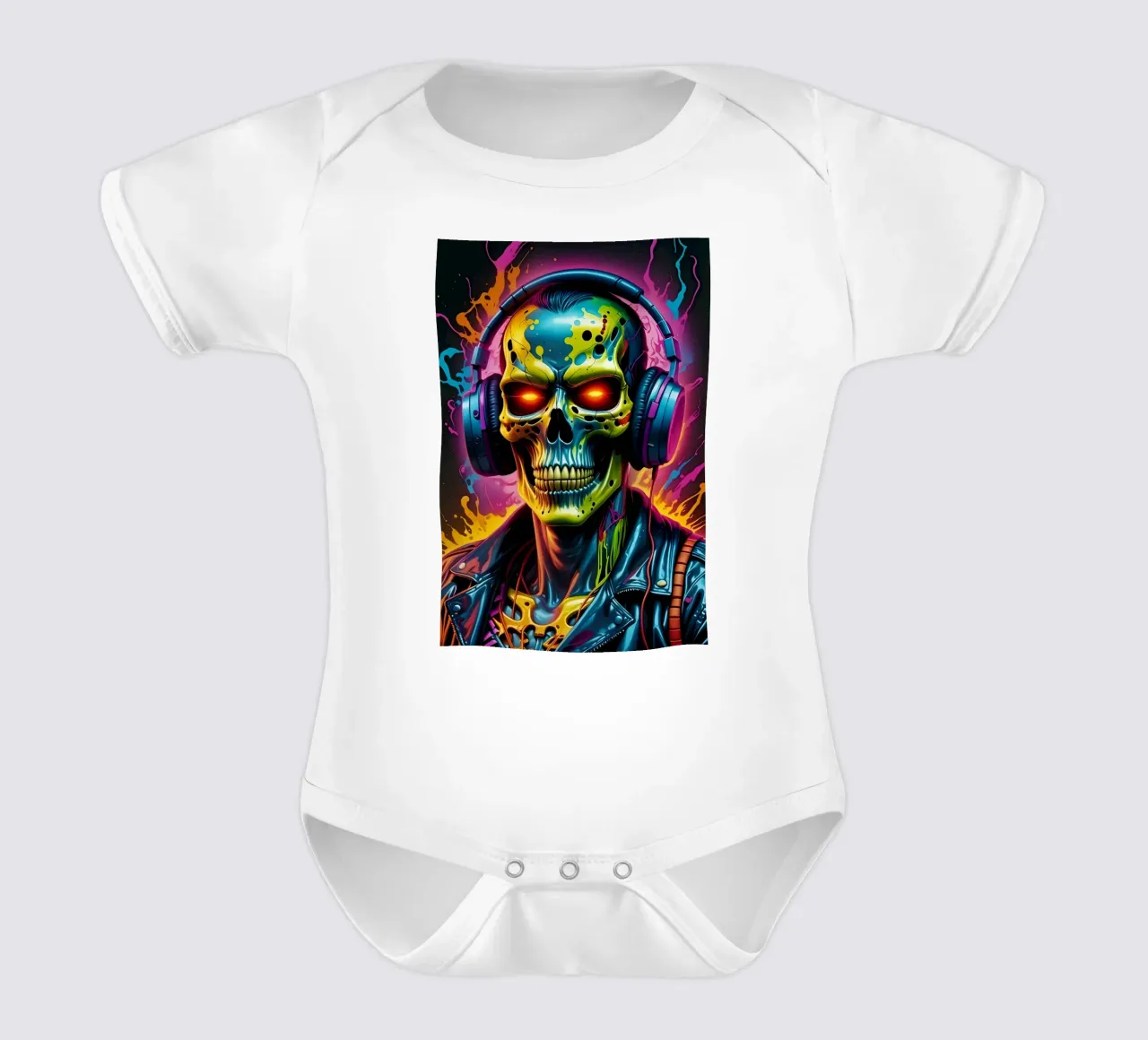 Skull in headphones, neon art, graffiti short-sleeve baby romper by MakArena