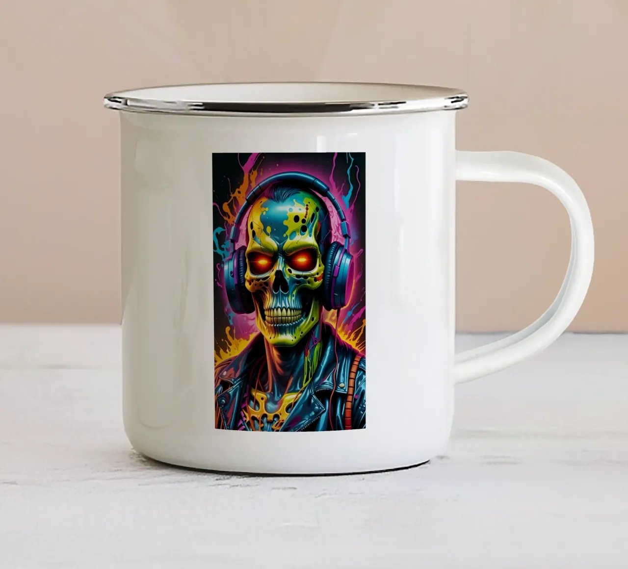 Teschio in cuffia, arte al neon, graffiti tazza in smalto da MakArena