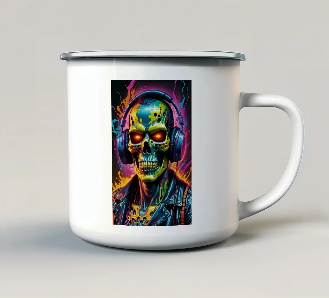 Teschio in cuffia, arte al neon, graffiti tazza in smalto da MakArena