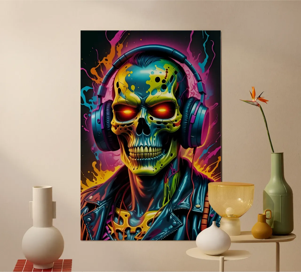 Teschio in cuffia, arte al neon, graffiti poster con telaio in plastica da MakArena