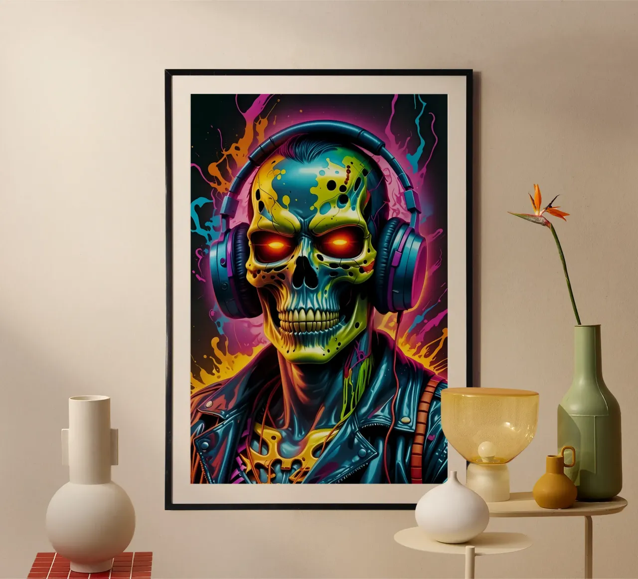 Teschio in cuffia, arte al neon, graffiti poster con telaio in plastica da MakArena
