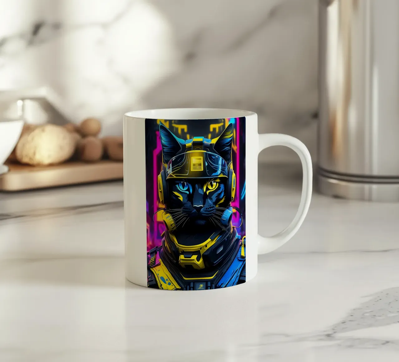 Chat soldat, néon, jaune-bleu mug en céramique de MakArena