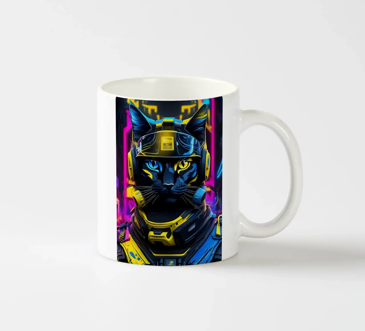 Chat soldat, néon, jaune-bleu mug en céramique de MakArena