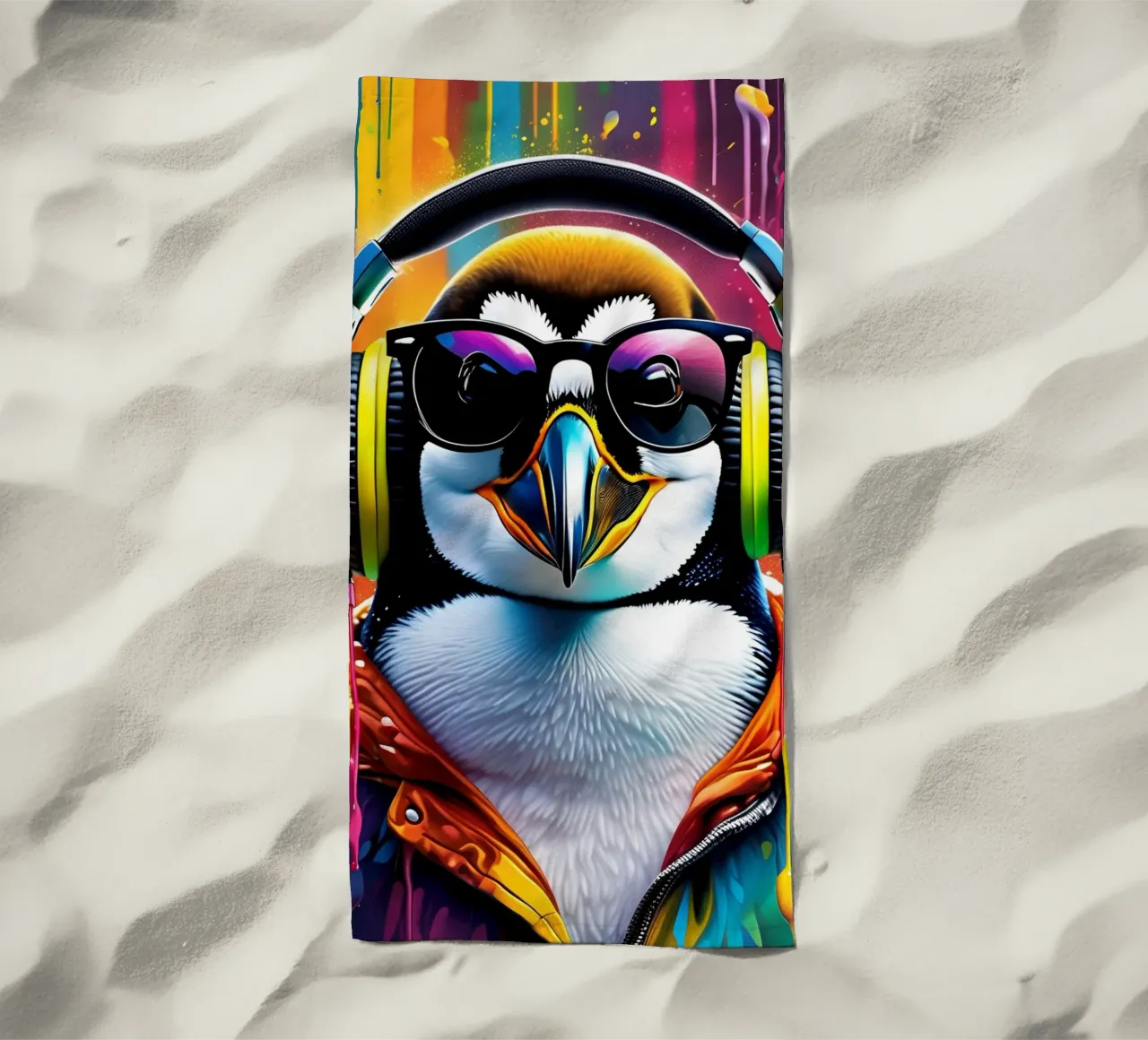Pinguino con cuffie e occhiali telo mare da MakArena