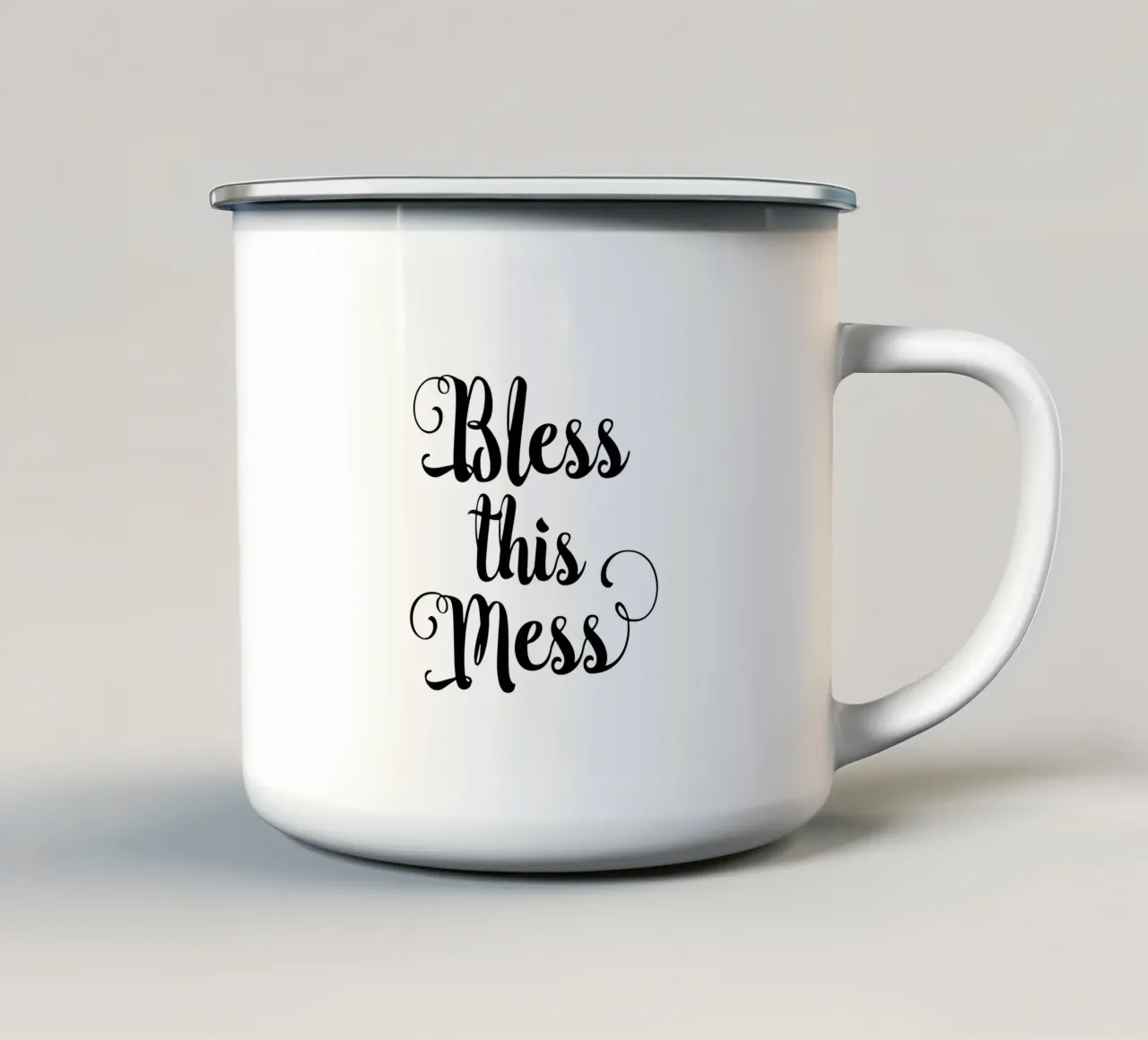 Bless This Mess in Black and White Calligraphy Typografie tazza in smalto da THE MOTIVATED TYPE