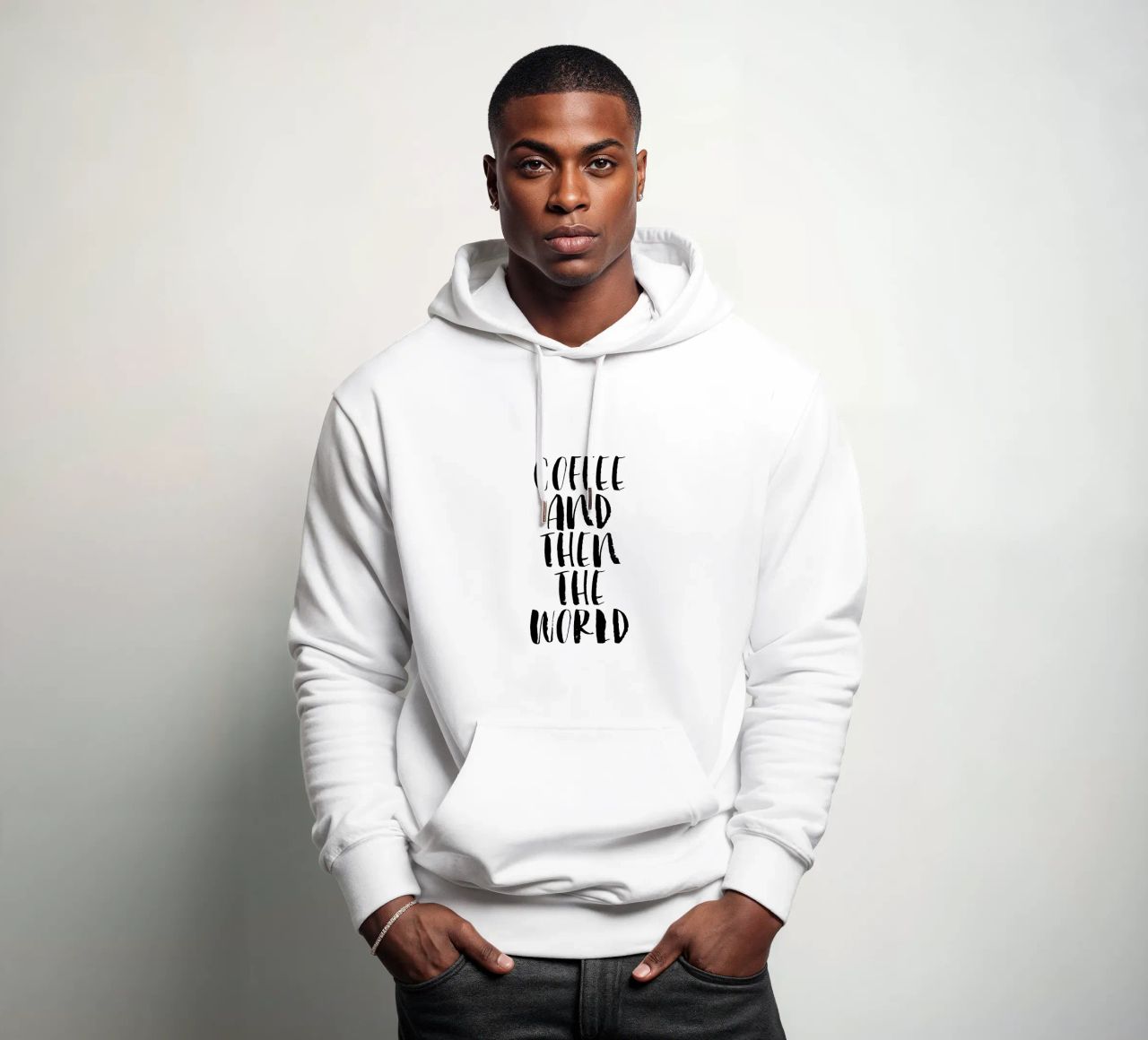Caffè e poi il mondo in bianco e nero felpa con cappuccio da THE MOTIVATED TYPE