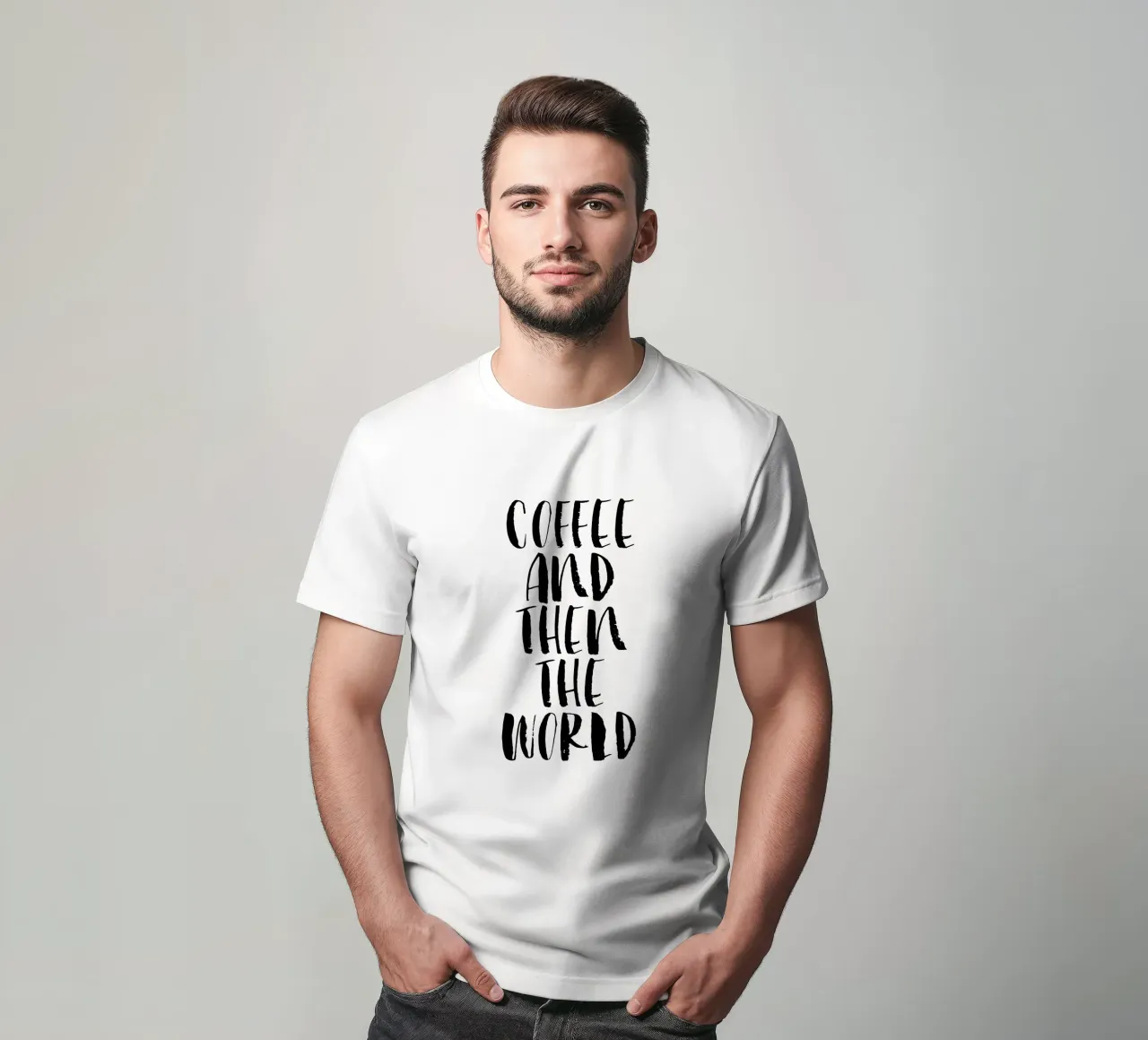 Caffè e poi il mondo in bianco e nero t-shirt da THE MOTIVATED TYPE