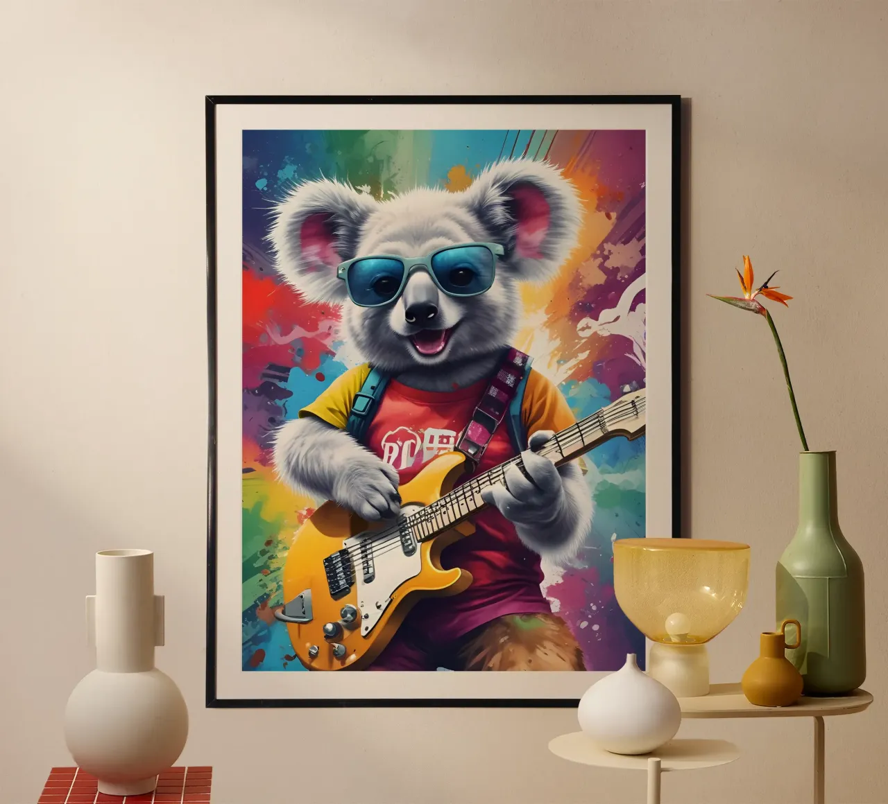 Koala che suona la chitarra, graffiti rock poster con telaio in legno da PosterOK