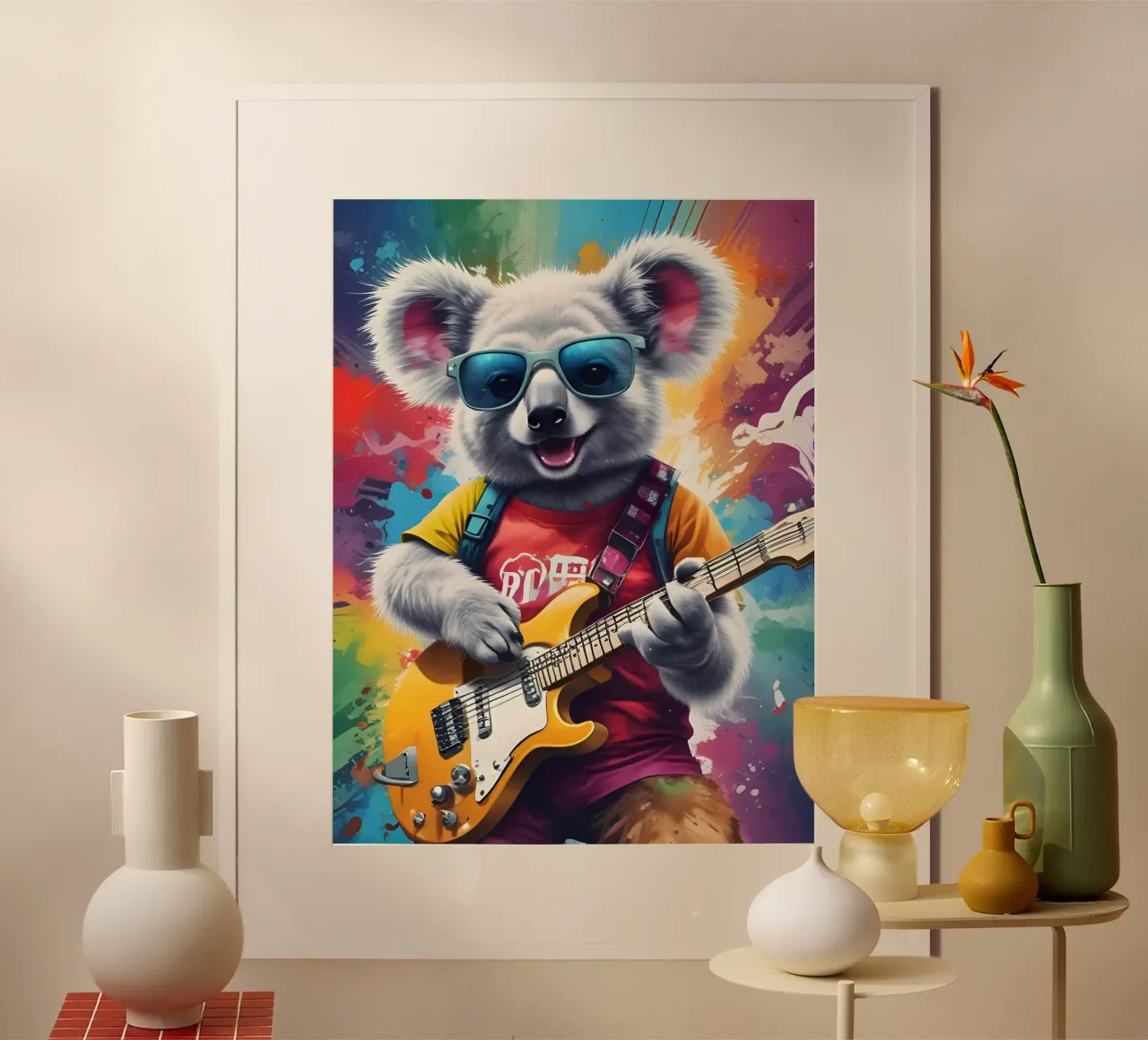 Koala che suona la chitarra, graffiti rock poster con telaio in legno da PosterOK