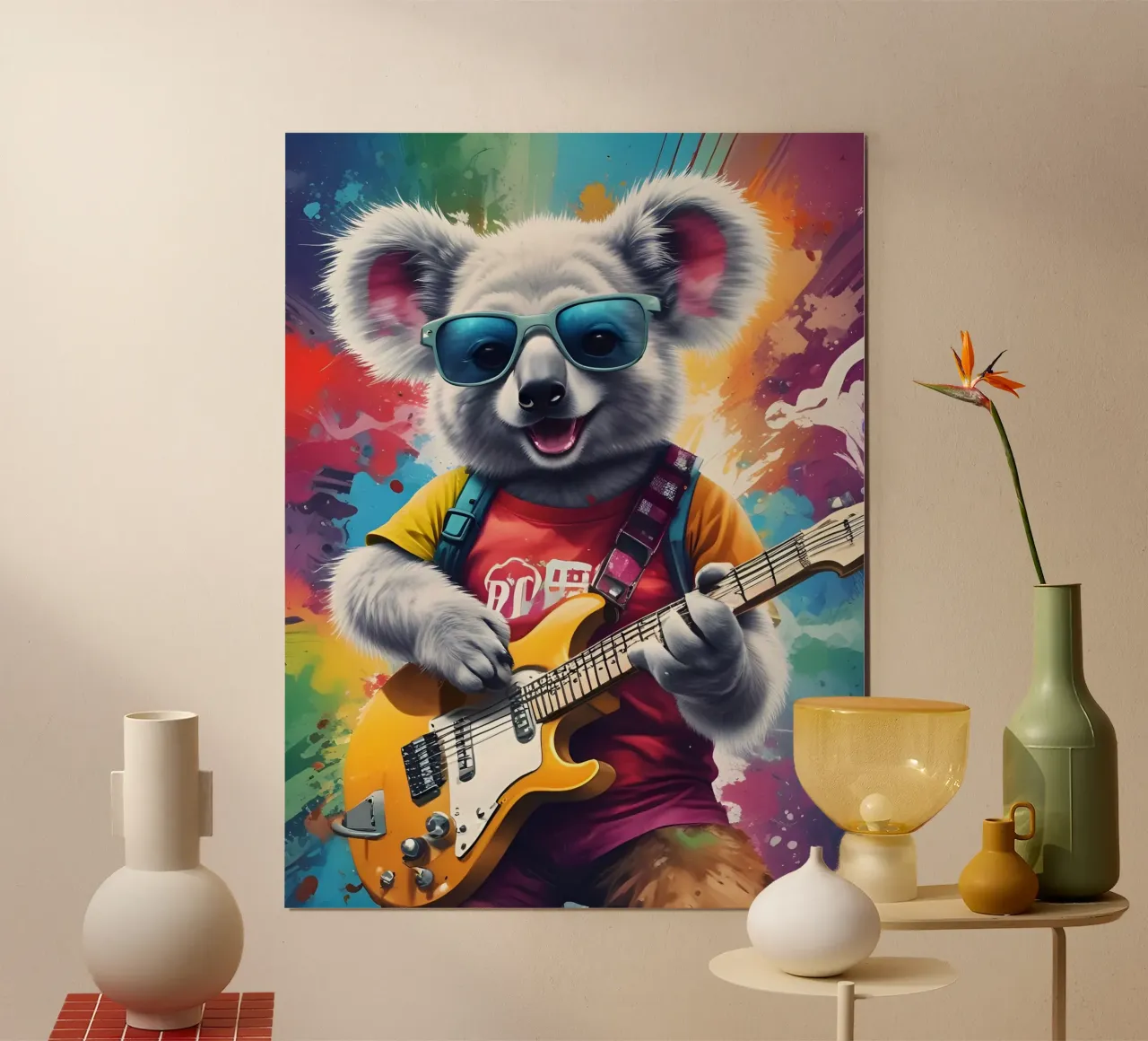 Koala che suona la chitarra, graffiti rock poster con telaio in legno da PosterOK