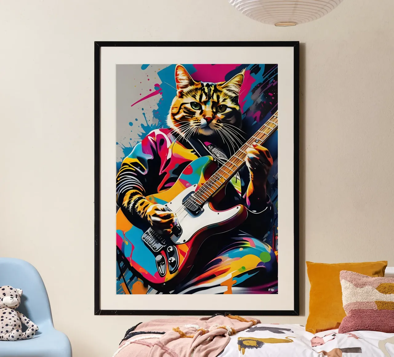Gatto che suona la chitarra poster con telaio in legno da PosterOK