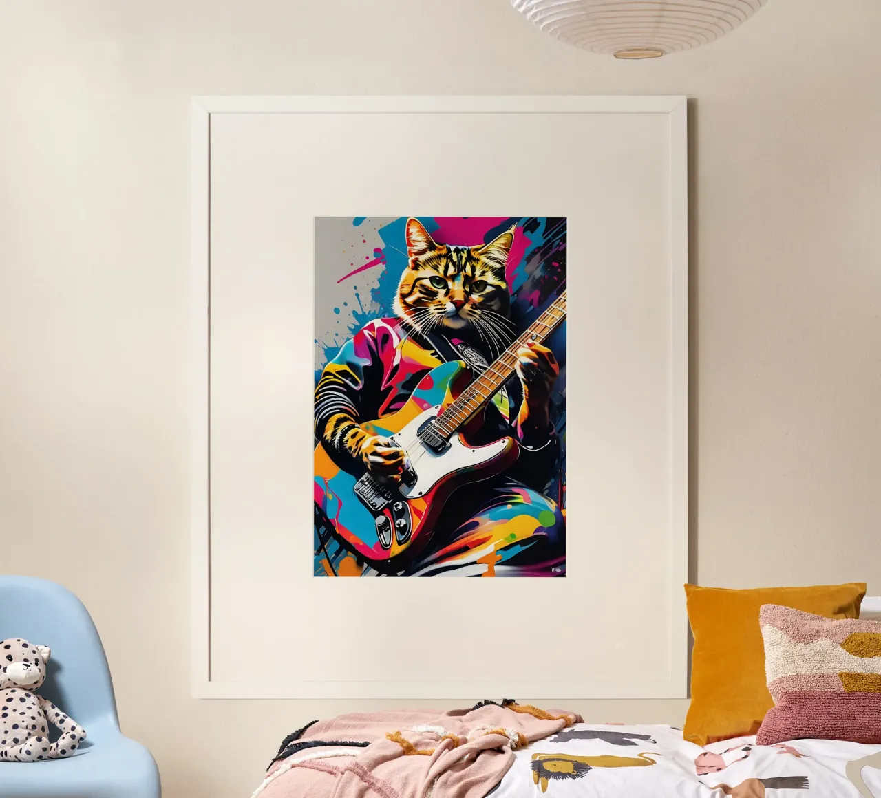 Gatto che suona la chitarra poster con telaio in legno da PosterOK