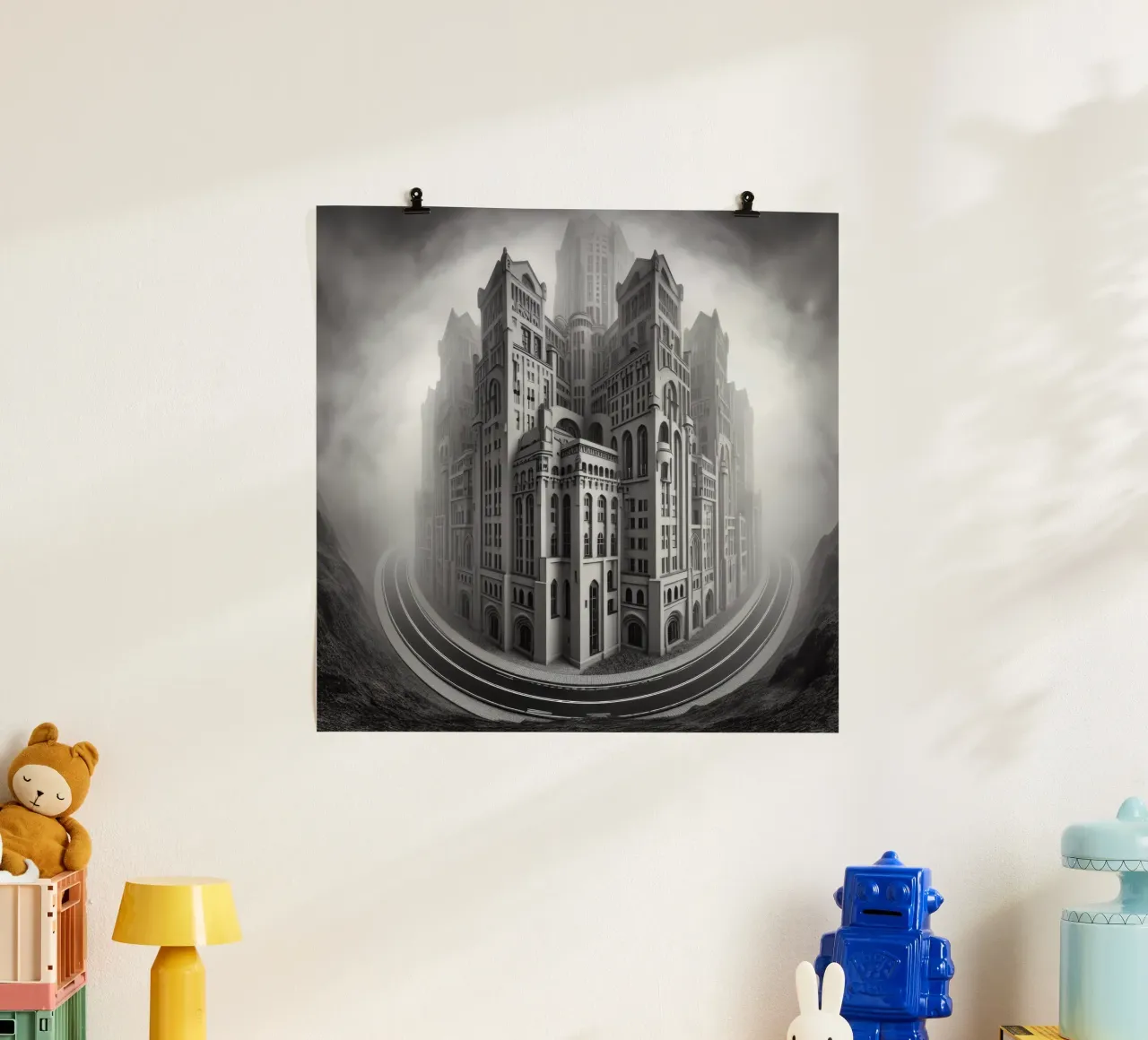 Sphere 055 - Futuristic Monochrome Cityscape poster with plastic frame by Spheres