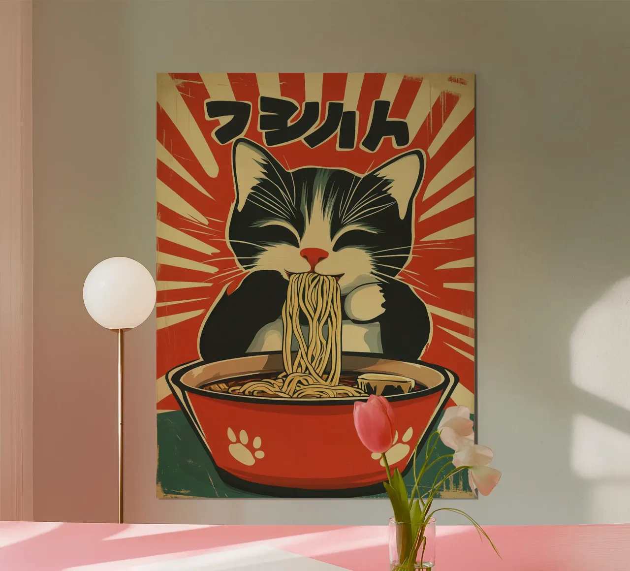 Japanese Retro Vintage Ramen Cat Poster poster avec cadre en aluminium de Autofocus
