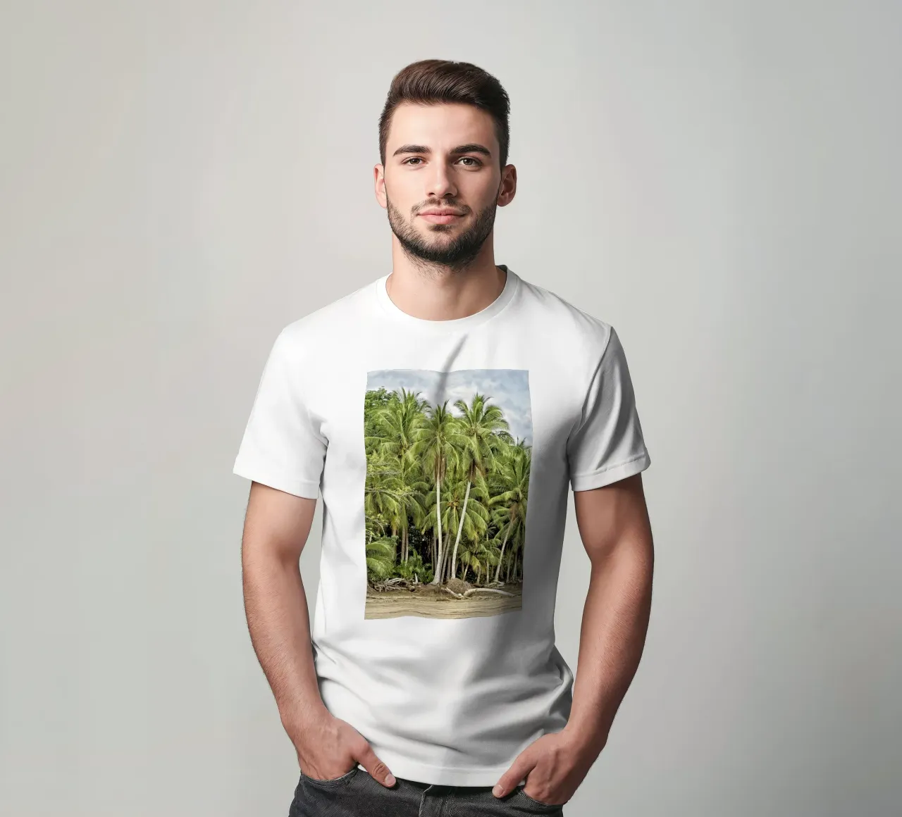 Palm Trees on the Shore – A Tropical Paradise Awaits t-shirt da Curious Collections by Marielle Leenders