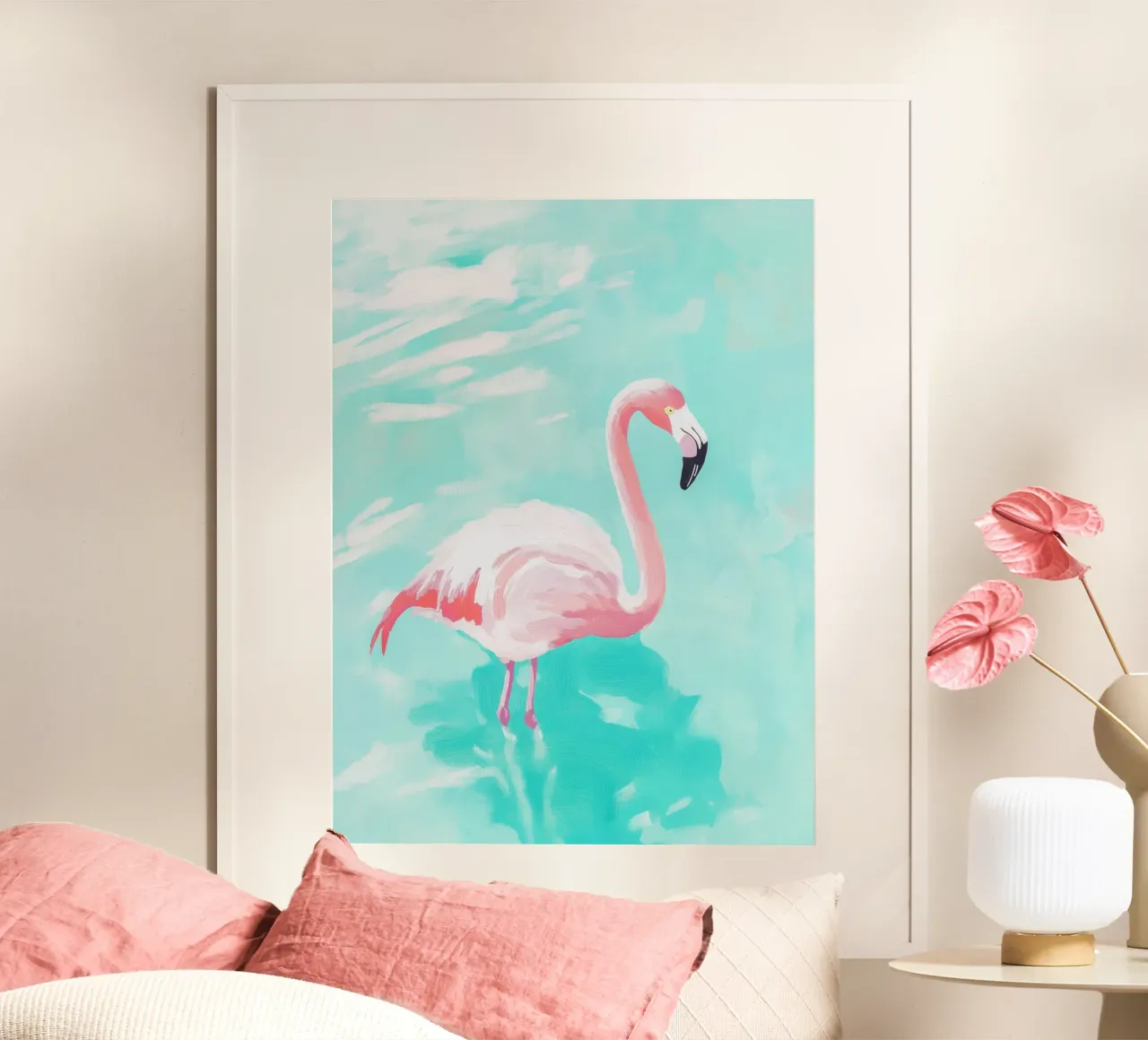 fenicottero esotico pastello poster con telaio in plastica da Carinaprint