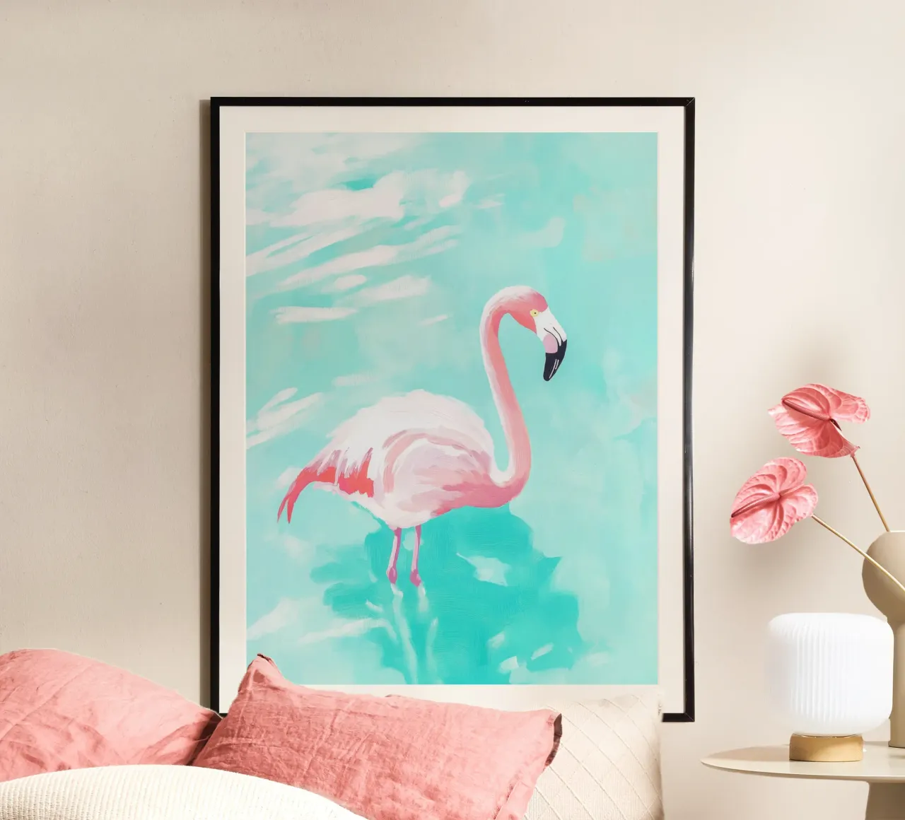 fenicottero esotico pastello poster con telaio in plastica da Carinaprint