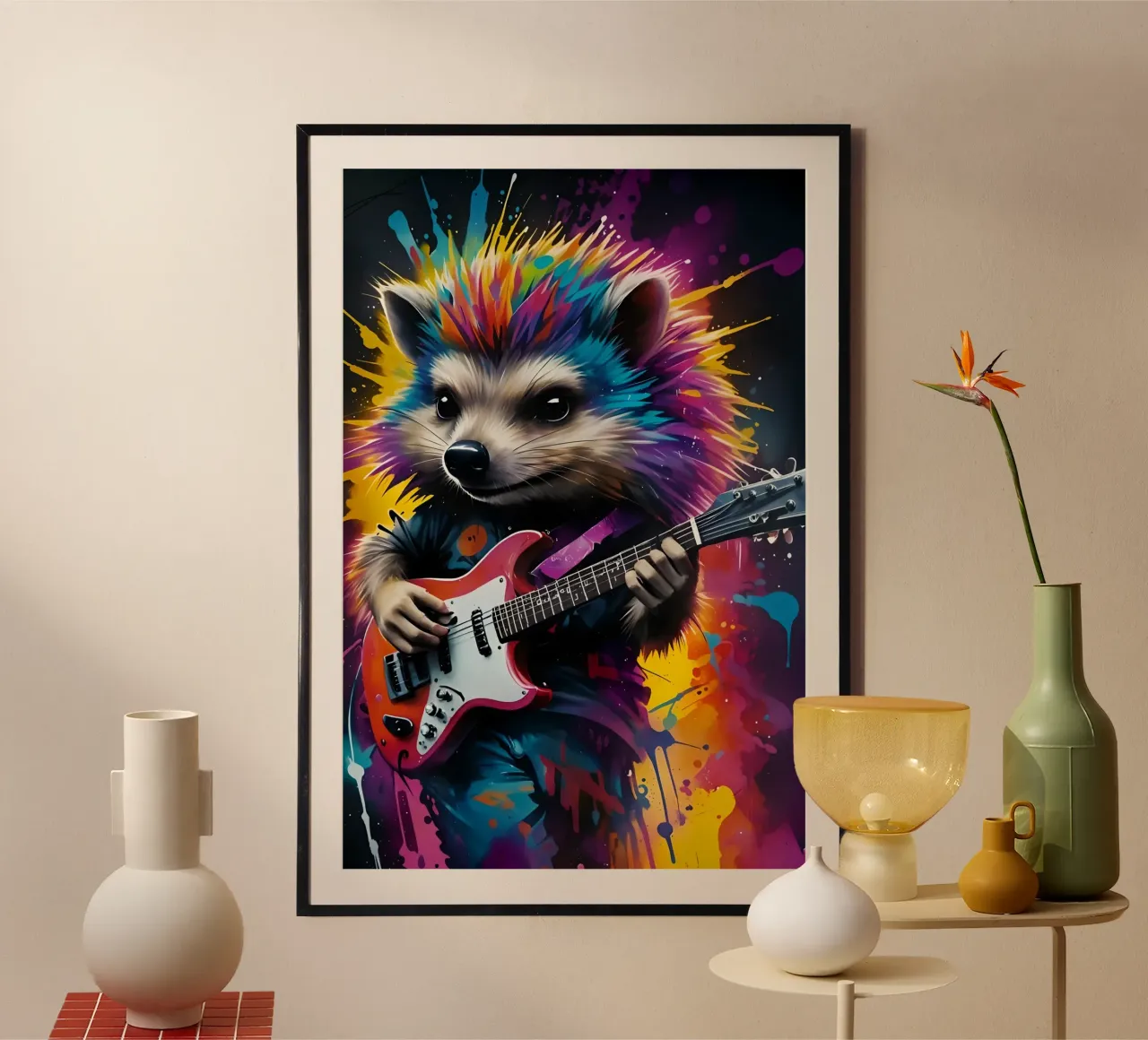 Riccio che suona la chitarra poster con telaio in legno da PosterOK