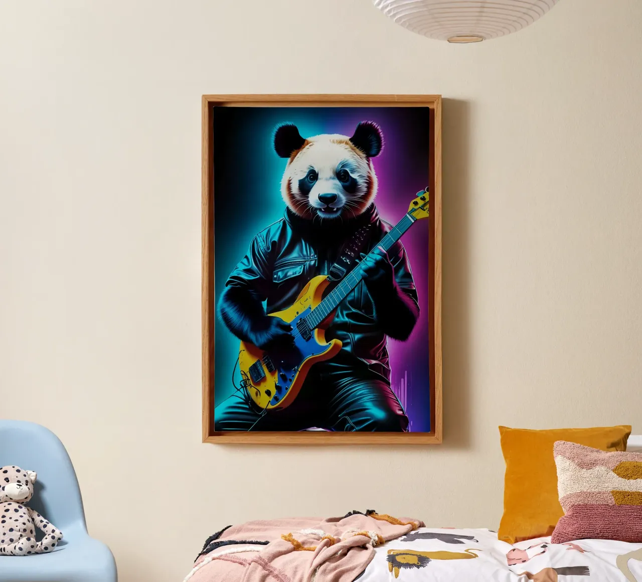 Panda spielt Gitarre Leinwand mit Schattenfugenrahmen von PosterOK