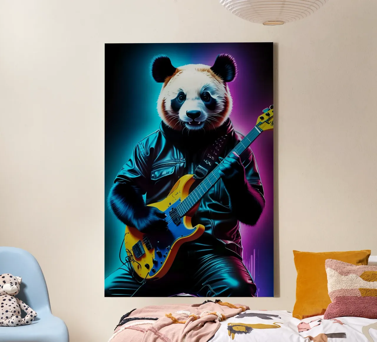 Panda spielt Gitarre Leinwand mit Schattenfugenrahmen von PosterOK