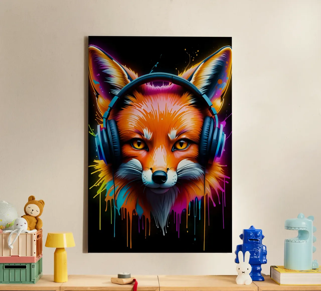 Fox in headphone canvas by PosterOK