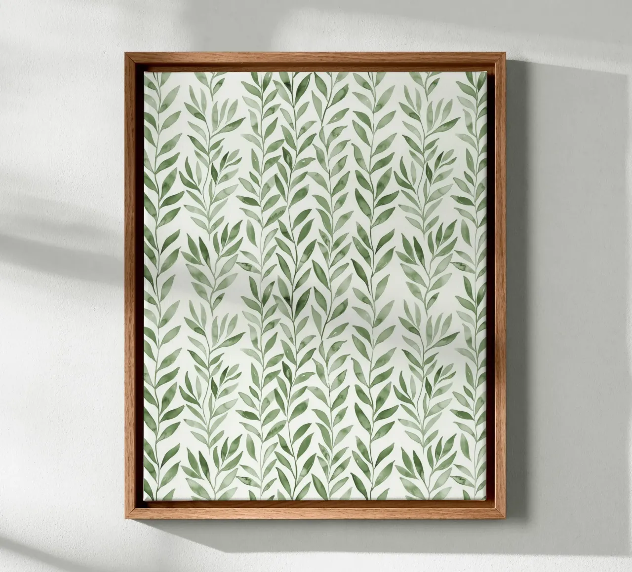Pastel Green Greenery Boho Leaf Plants Botany Nature Motifs canvas with Floater frame by Gentle Echoes Art