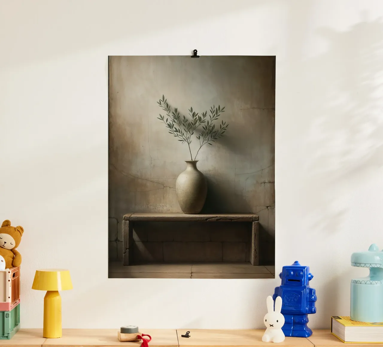 Olivenzweig in Vase Poster mit Aluminium Rahmen von VintageBotanics