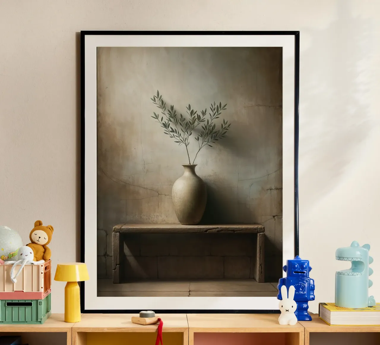 Olivenzweig in Vase Poster mit Aluminium Rahmen von VintageBotanics