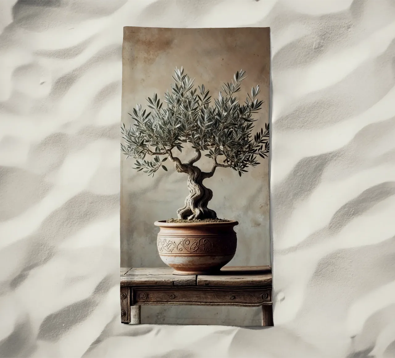 Olive Branch in pot beach towel by VintageBotanics